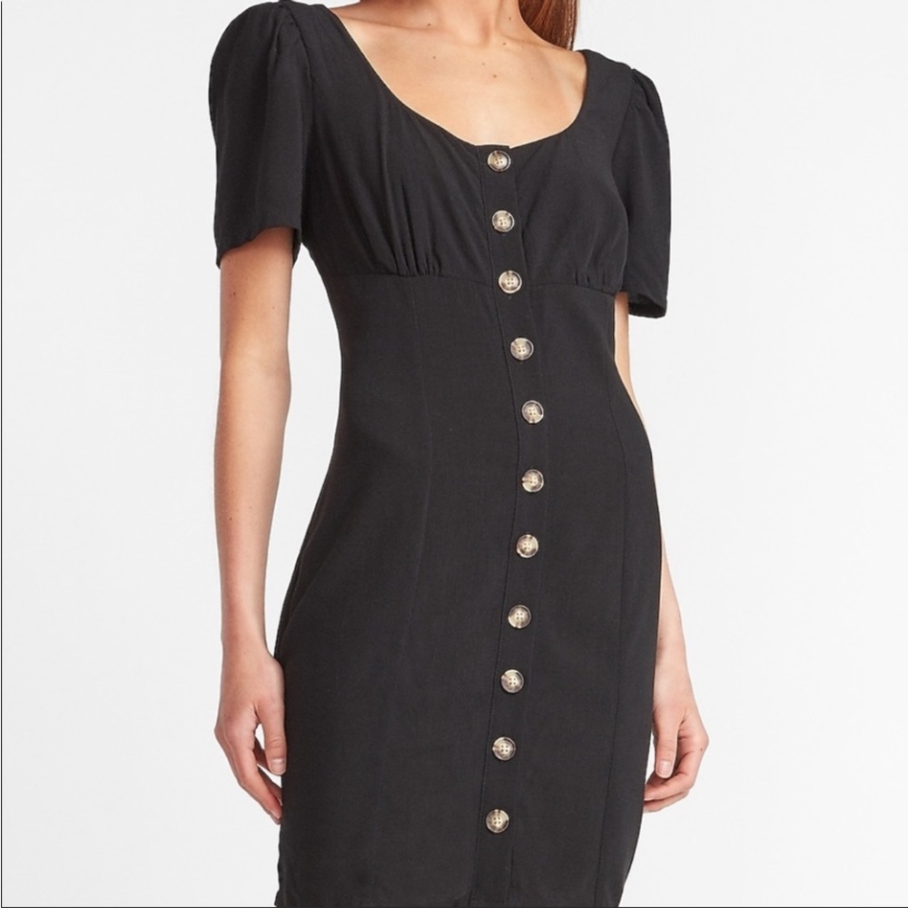 Express Button Front Scoop Neck & Back Linen Dres… - image 2